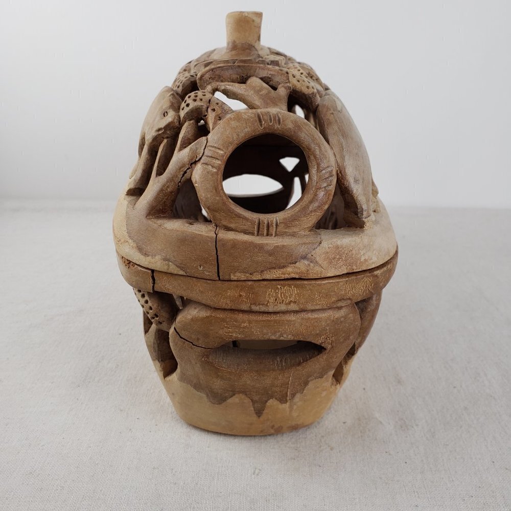Folk Art Carved Wood Bread Basket Decor Box Wildlife Elephant Rhino Lion Safari - Picture 4 of 12